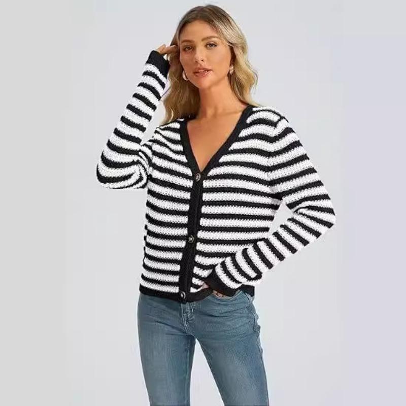 Damen Langarm Strickjacke mit kontrastierenden Streifen für Herbst und Winter