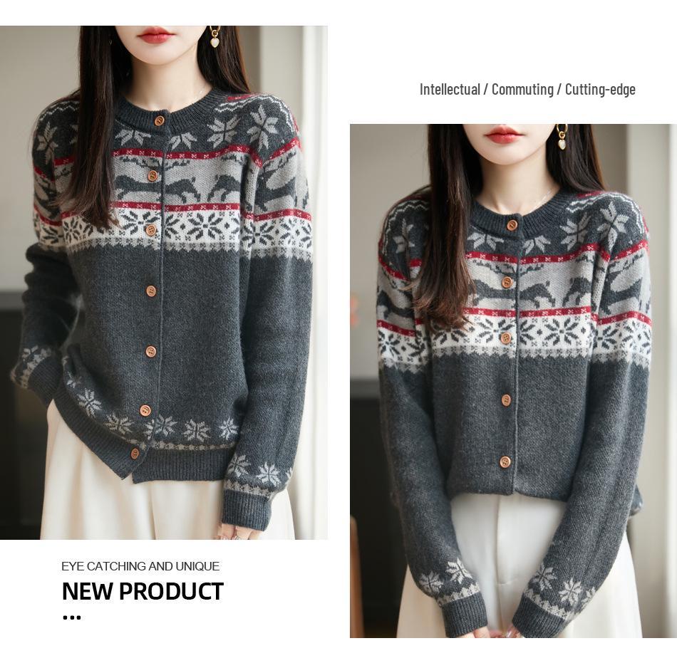 Dámský pletený kardigan Fair Isle - Volný svetr s dlouhým rukávem pro podzim/zimu 2025
