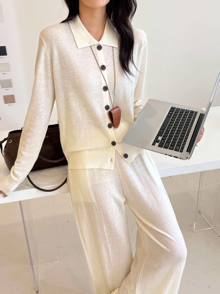 Women's 100% Wool Polo Collar Long Sleeve Cardigan - Old Money Style, Simple Lapel Knit Sweater