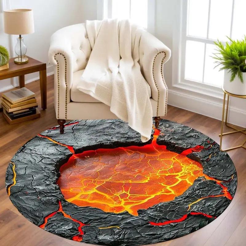 3D Vision Fire Pit Rug Anti-slip Living Room Decoration Round Carpet Waterproof Rugs for Bedroom Washable Bedside Creative Mat