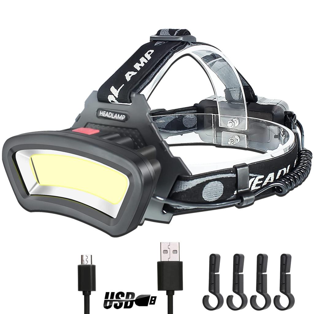 DARKBEAM USB Rechargeable COB Headlamp with White and Red Hard Hat Wide LED for Car Construction Outdoor and Power 4 and Hour Long Battery Life