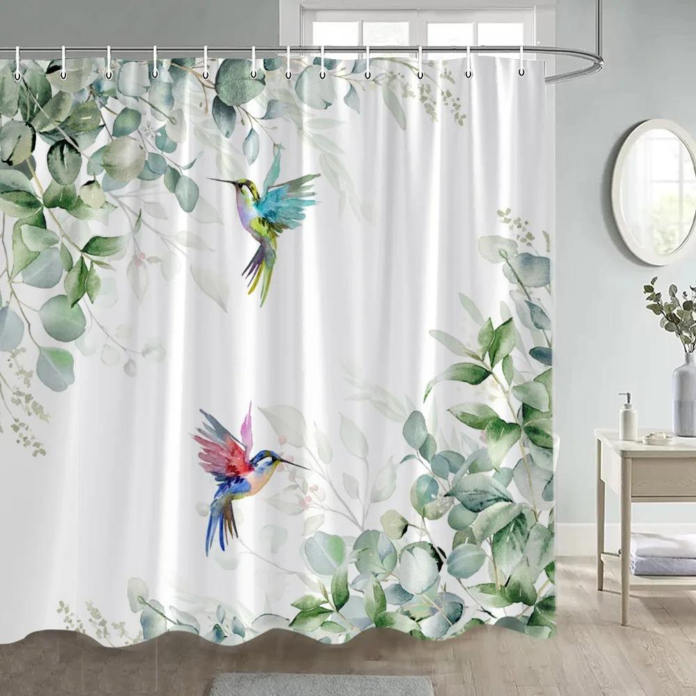 Kolibris Duschvorhang Weiß Blumige Pflanze Aquarellkunst Modern Einfach Stoff Badezimmer Vorhänge Heim Badewannen Dekor Haken
