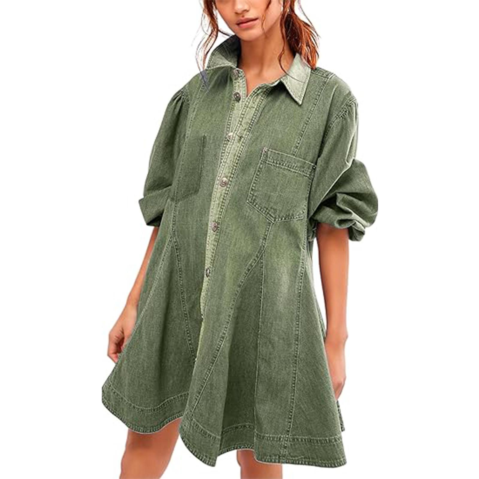 

Women s Long Lantern-sleeved Button-down Shirt Denim Dress M