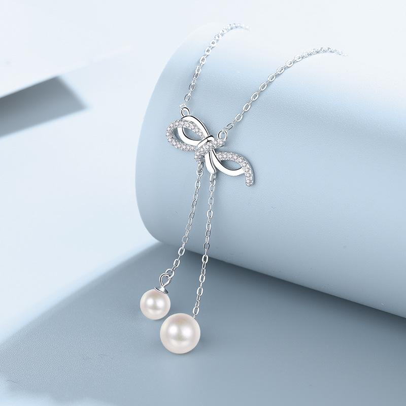 Pearl Necklace Female Bow Fringed Pendant Fashionable And Simple Collarbone Chain Gift For Girlfriend Qixi Festival