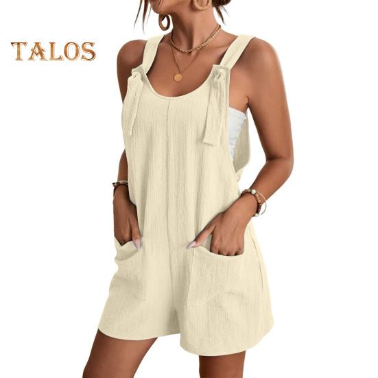 Macacão Feminino Sem Mangas Verão Casual Macacão Curto Solto de Algodão com Bolsos Roupas de Praia para Viagem Férias