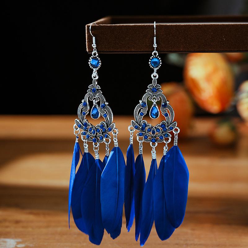 

Vintage Bohemian Long Feather Earrings For Women Retro Ethnic Flower Geometric Rhinestone Handmade Drop Dangle Earrings Zircon королевский синий