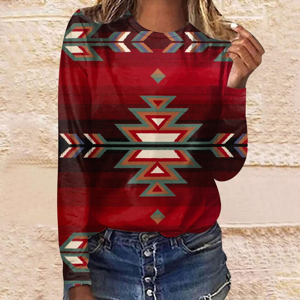 Women's Casual Fashion Ethnic Print Long Sleeve O-Neck Pullover Top