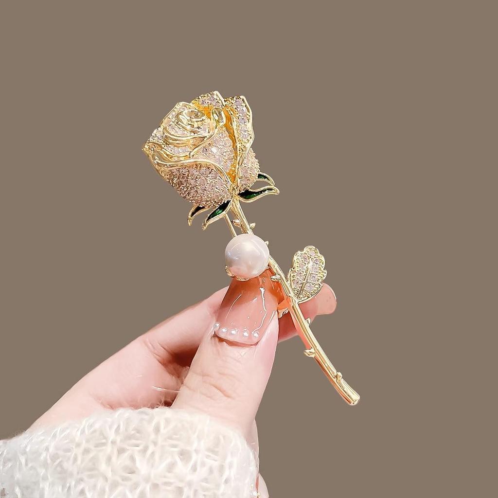 Elegant Pearl Rose Brooch - Large Diamond Accent Pin for Women