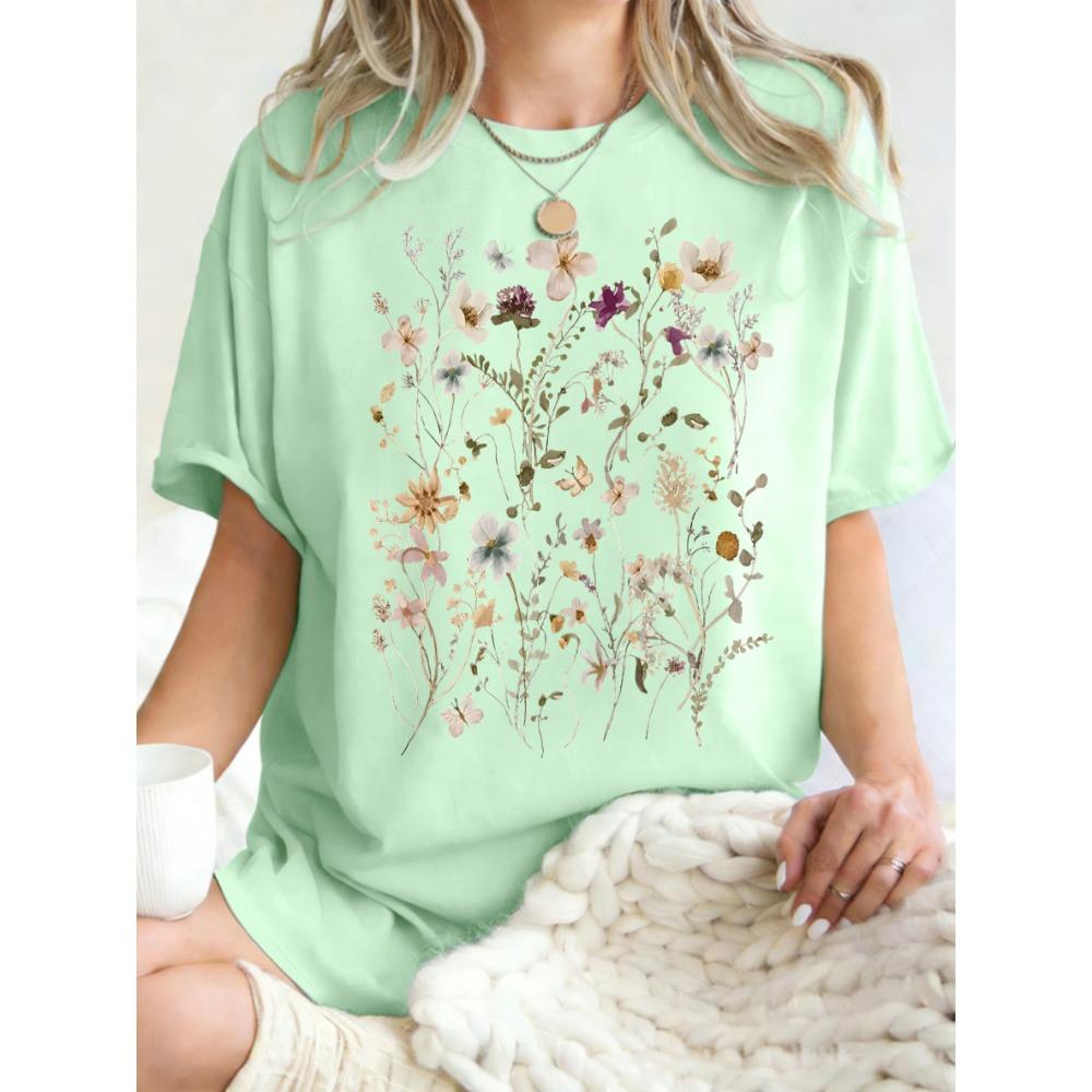 T-shirt da Donna con Stampa di Bellissimi Grappoli di Fiori Estate Oversize Manica Corta Girocollo Magliette in Cotone Y2K Top Sportivi Donna