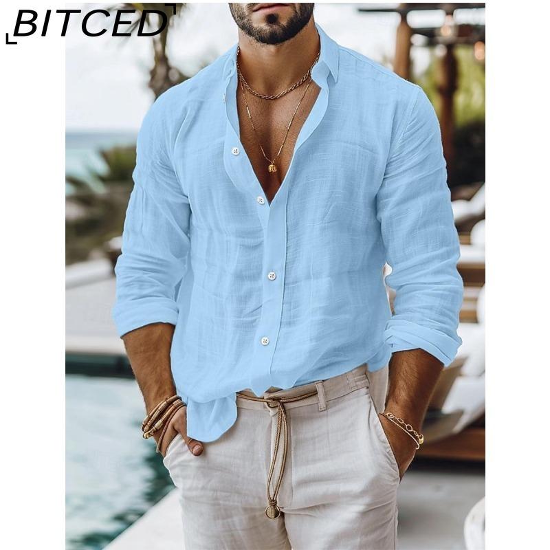 BITCED Herren Uni-Farbe Baumwoll-Leinen-Mischung Hemd Lässiger Stil Langarm Business Casual Hemd