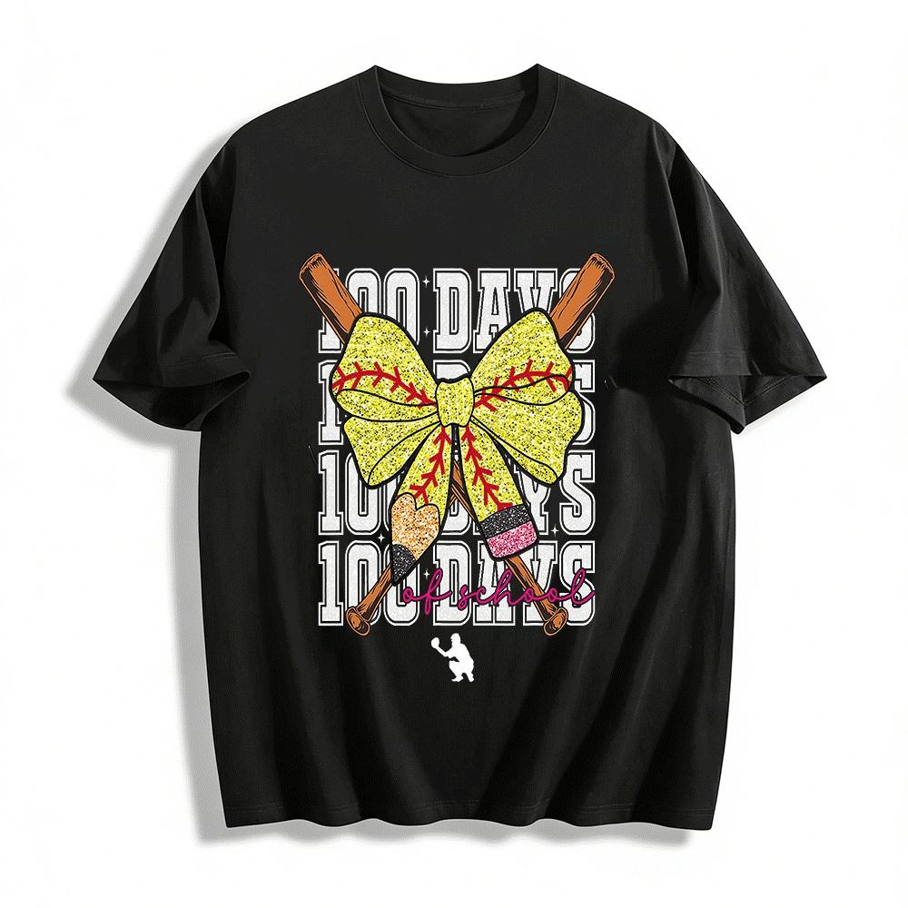 

Glitter Softball Bow 100 Days Of School Graphic Tee For Kids Adults Pure cotton T-shirt XXS