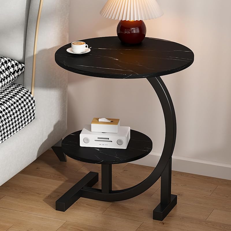 2 Tier End Table, C Shaped Side Table with Metal Frame, Small Coffee Table with Storage, Round Sofa Table for Living Room, Bedside Table for Bedroom,