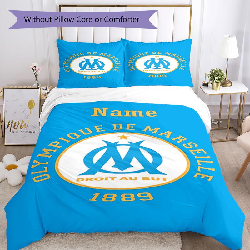 3pcs Custom Name Olympique De Marseille Bedding Set Duvet Cover Closure Includes 1 Duvet Cover & 2 Pillowcases, Soft and Comfortable for All Seasons.