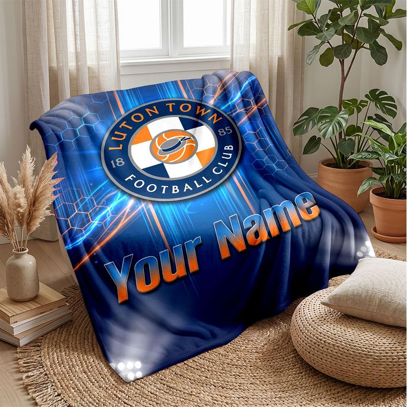 Luton Town Custom Name Text Flannel Blanket Soccer Logo Personalized Fleece Throw Blanket Special Gift For Sofa Bedroom Home