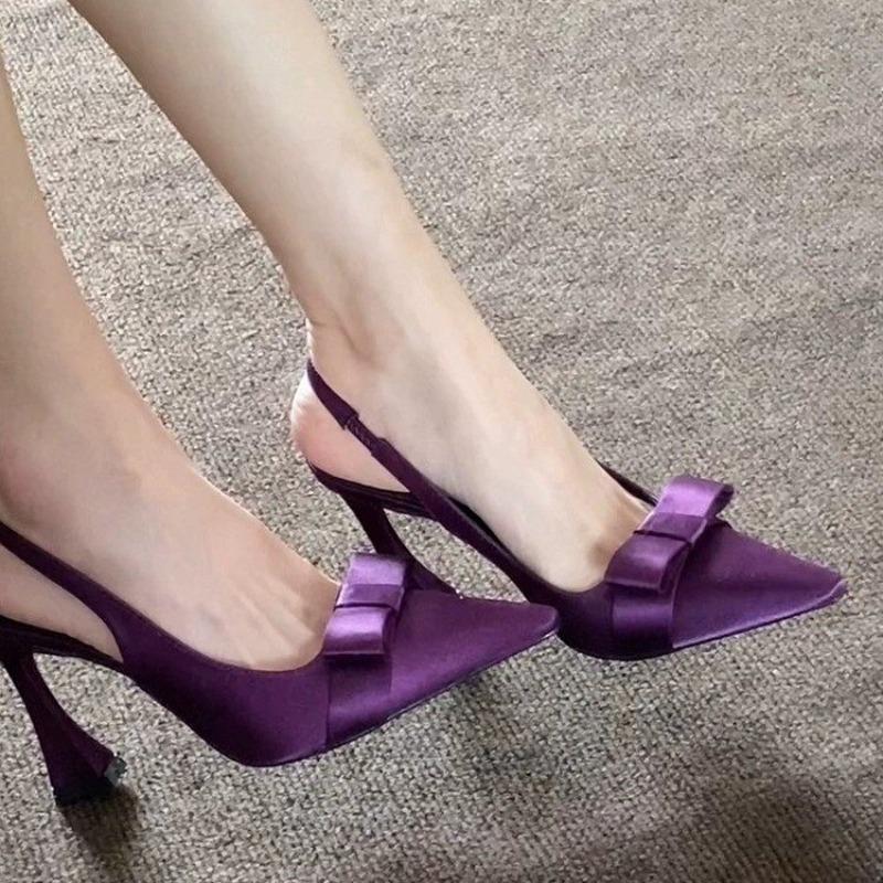 Módní temperamentní Baotou sandály léto nové špičaté mělké ústa satén motýlí uzel kovová přezka protiskluzové vysoké podpatky