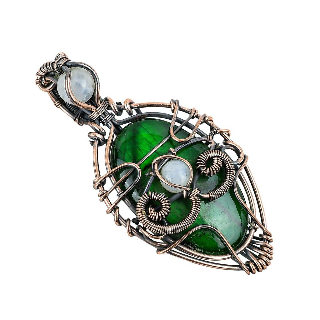 Pandantiv Labradorit Green Flash Bijuterii cu Pietre Prețioase, Pandantiv Înfășurat cu Sârmă de Cupru 999, Bijuterii Handmade Pandantiv Piatră Natală, Cadou Pentru El