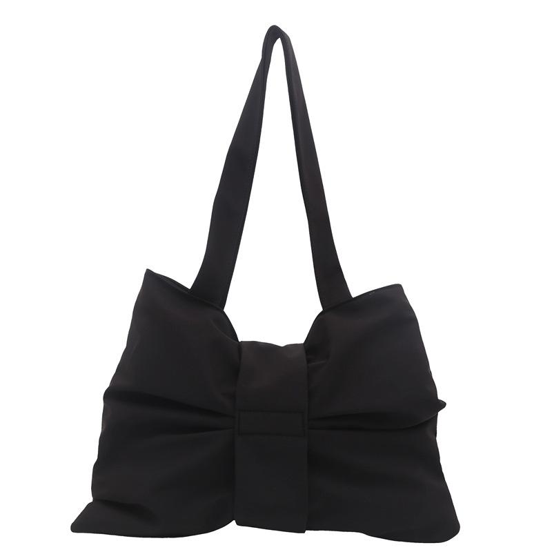 Korean Retro Solid Color Pleated Bow Shoulder Bags for Women Large Capacity Ladies Tote Bag Simple Student Handbags with Zipper