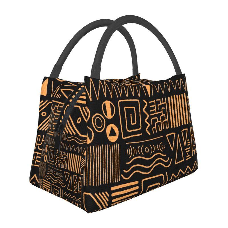 African Bogolan Mudcloth Pattern Lunch Bags Insulated Bento Box Portable Lunch Tote Resuable Picnic Bags for Woman Kids Office