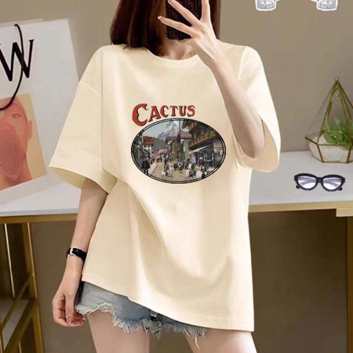

Spring and summer high-quality pure cotton short-sleeved printed T-shirt loose medium and long round neck shoulder top + rear bag collar 3XL