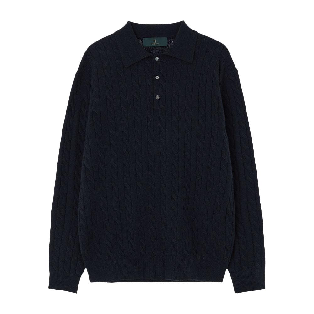MANNERGRAM Classic Cable Long Sleeve Collared Knit Navy