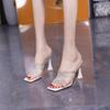 Fashion Transparent Square Head High Heels with Rhinestones for Women's 2025 Summer New Pink, Not Tired, Thick Heels, and Cool Slippers