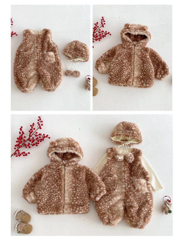 Children's Winter Deer Hooded Romper: 2025 Korean-Style Fleece-Lined Pants for Girls - Super Cute!