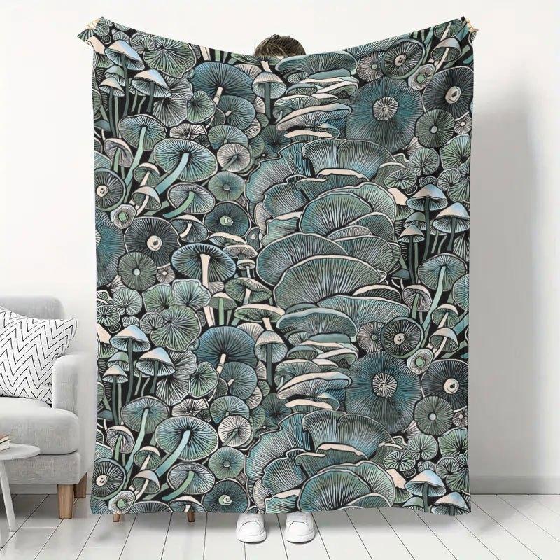 1pc Blues Retro Mushroom Print Flannel Blanket, Home Sofa Cover Blanket Office Nap Warm Blanket, Inn Decor Blanket Bedroom Bed Cover All-Season Univer