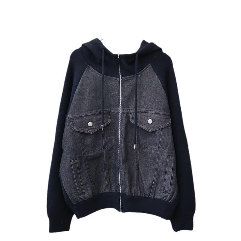 Autumn and winter new hooded splicing denim sweater jacket zipper knitted double-sided cardigan women