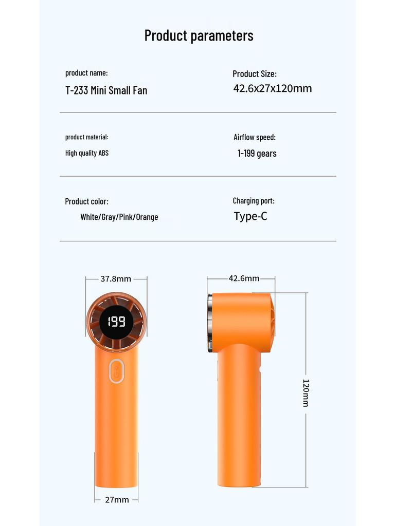 T233 High-Speed USB Rechargeable Handheld Fan with Digital Display 
