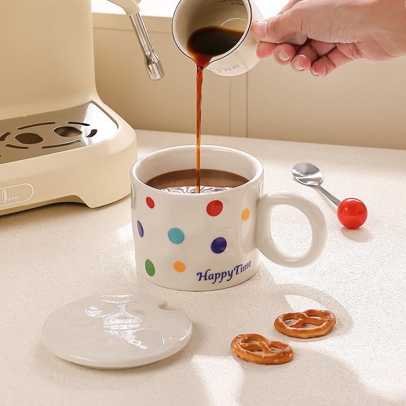 Simple Color Polka Dot Ceramic Cup with Lid Spoon Water Cup Nordic Style Couple Mug Office Coffee Cup