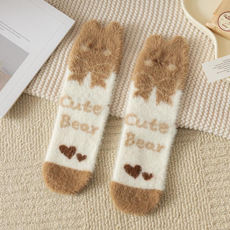 

Милые розовые кролики с бантом, носки из искусственной норки, зимние плюшевые теплые домашние носки для сна, в японском мультяшном стиле, милые пушистые гольфы One Size