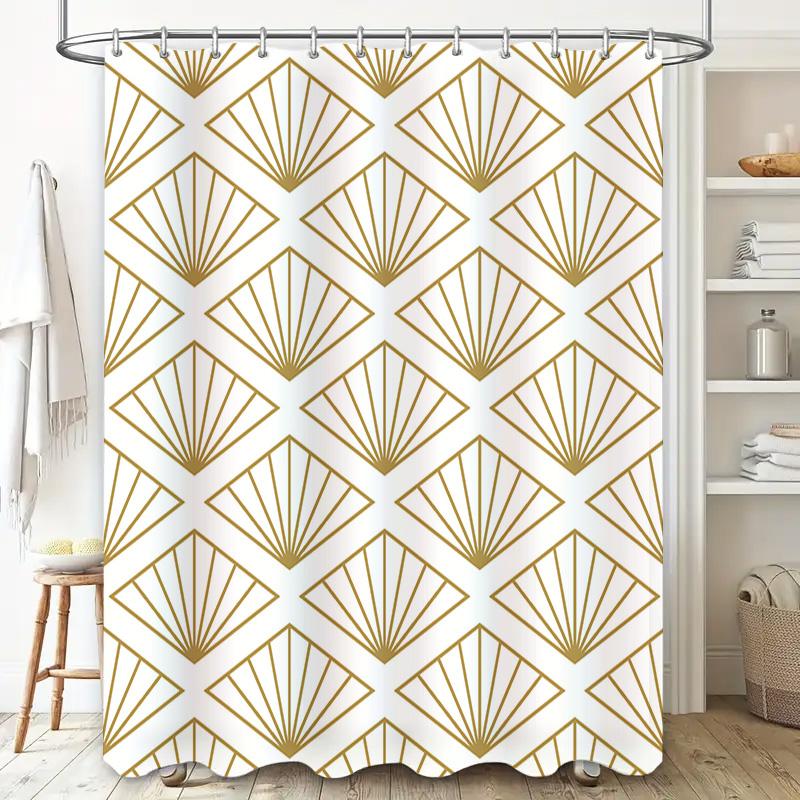Modern Geometric Shower Curtain White Gold Fan Design for Bathroom Decor Printed Waterproof Fabric Shower Panels Set (Set of 1)
