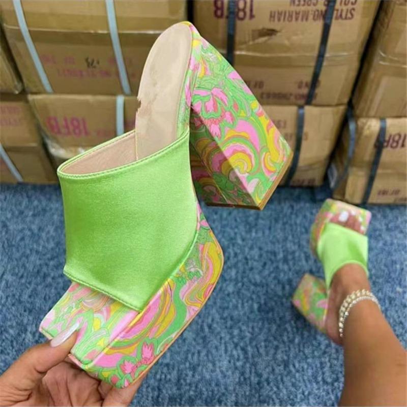 Fashion 2024 Printing Thick High Heel Sandals Womens Slipper Summer Sexy Peep Toe Street Party Square Toe Platform Sandal