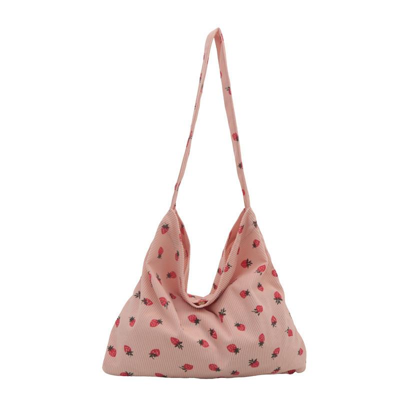 Corduroy Strawberry Print Tote Bag With Magnetic Closure For Daily Use
