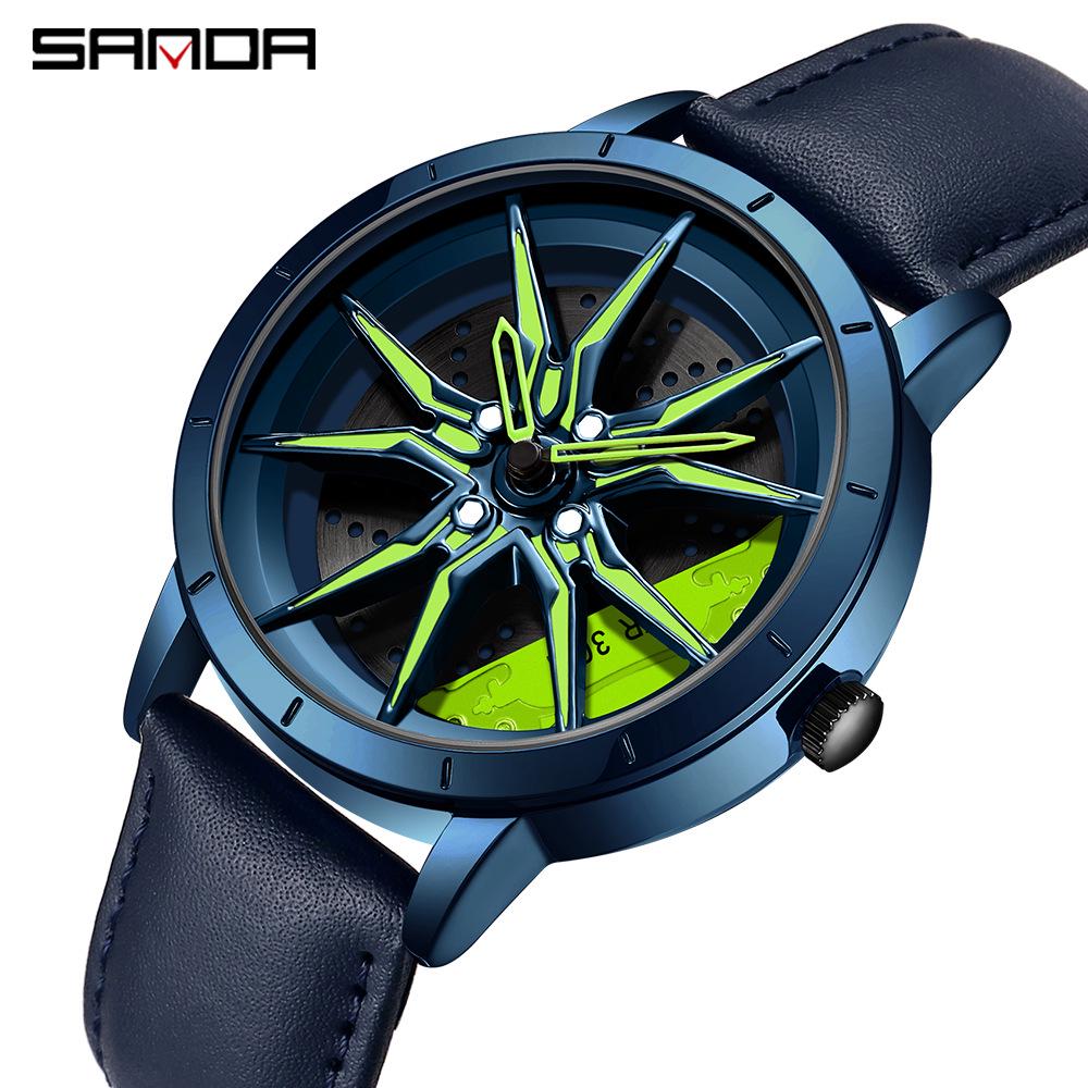 Sanda Leather Unisex Wheel Style Quartz Wristwatch