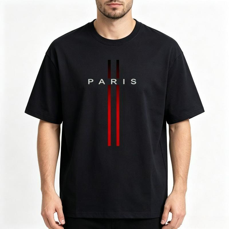 Paris City Text Print Tshirt For Unisex Simple Versatile Summer Vertical Line Graphic Black White Casual Short Sleeve Tee