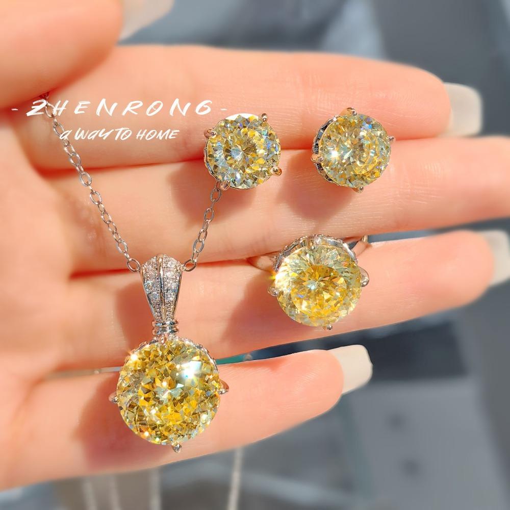 Luxury Women Jewelry Set Cut Pendant Necklace High Carbon Diamond Earrings Star Cut Yellow Diamond Ring Pink Diamond Gift Set