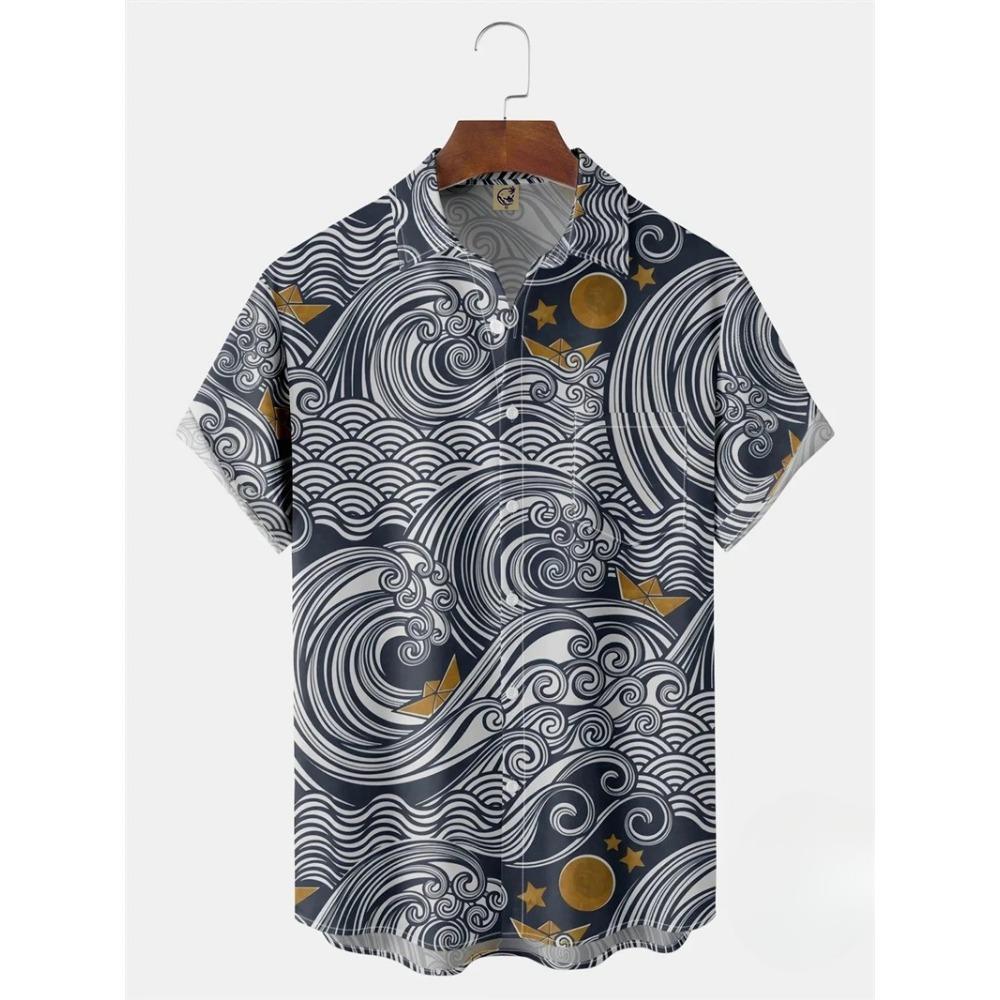 Nowe Koszule Hawajskie Męskie Krótki Rękaw Styl Japoński Grafika 3D Fala Ukiyo Clothes Letnia Ubrania Streetwear Męskie Koszule
