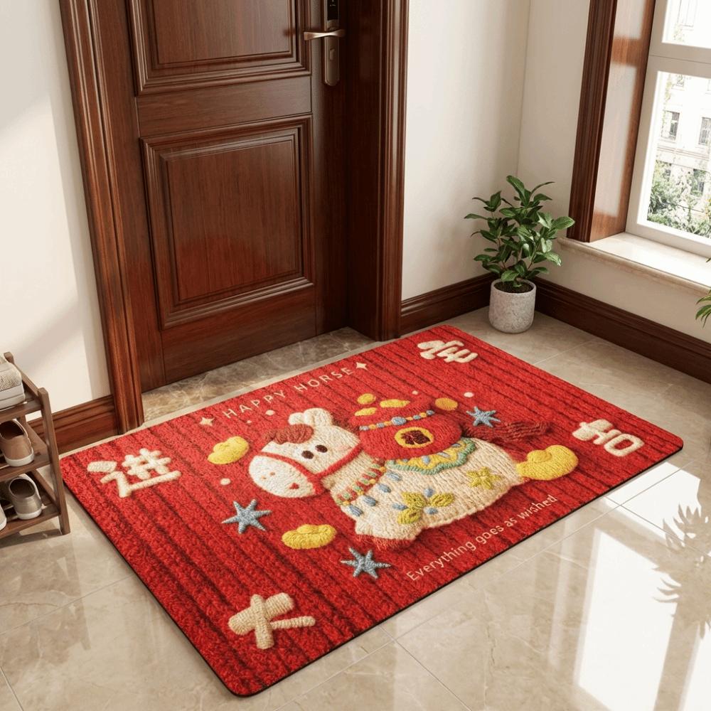 New Horse Pattern New Year Door Mat Red Door Carpet Soft Water Absorption Blanket Home Decorations