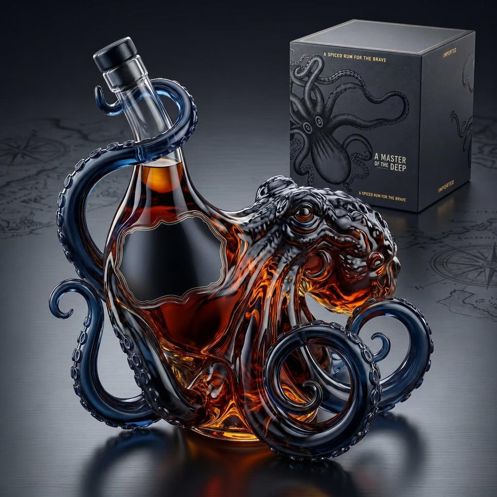 Kraken Dark Rum Oktopus Karaffe: 750ml Premium Glasflasche Einzigartiges Meereskreaturen-Design - Ideale Rum Whiskey Hausbar-Dekoration für Sammler