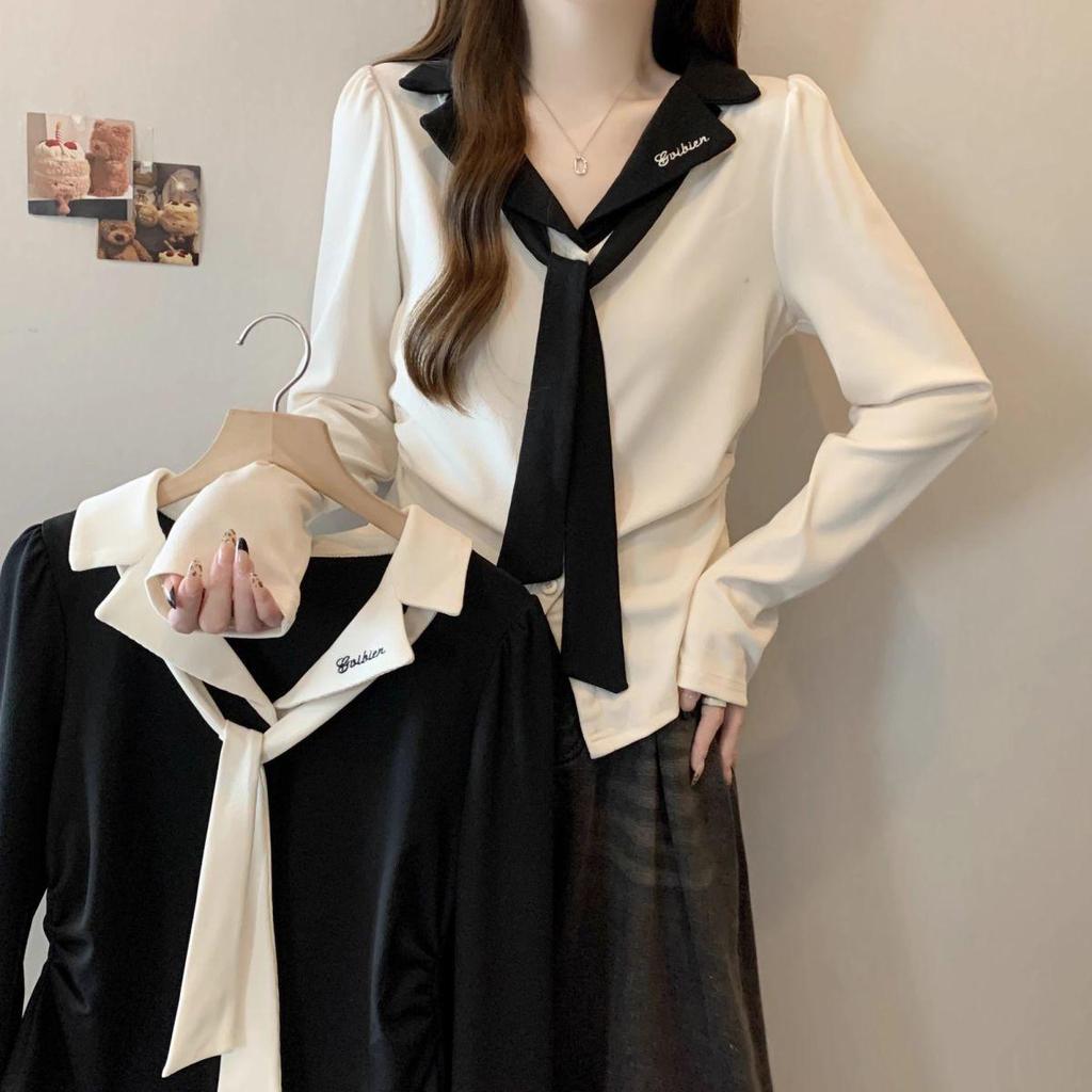 Plus Size Color Block Lapel Long Sleeve Top for Women - Slimming & Flattering Autumn 2025 Trend