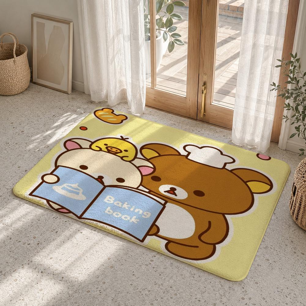 Cute Cartoon Rilakkuma Floor Mat Flannel Rug Non Slip Absorbent Soft Washable For Entryway Hallway Bathroom Kitchen Decor