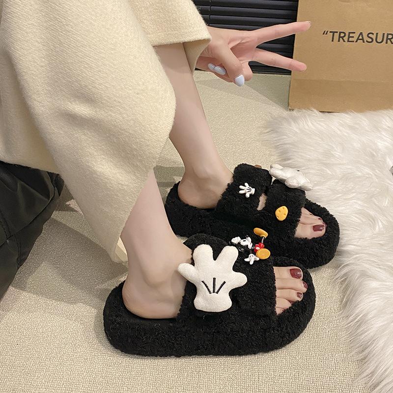 Fashion Soft and Cute One-word Fluffy Shoes for Women To Wear Outside 2025 Autumn and Winter New Thick-soled Cotton Slippers Cotton Slippers
