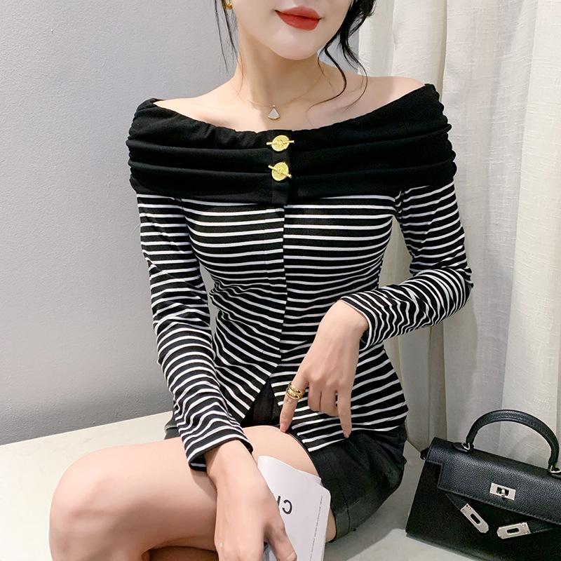 Kadın Kışlık Giyim için Seksi Tek Omuzlu Üst Yeni Çizgili Tişört Uzun Kollu Şık Slim Basic Gömlek