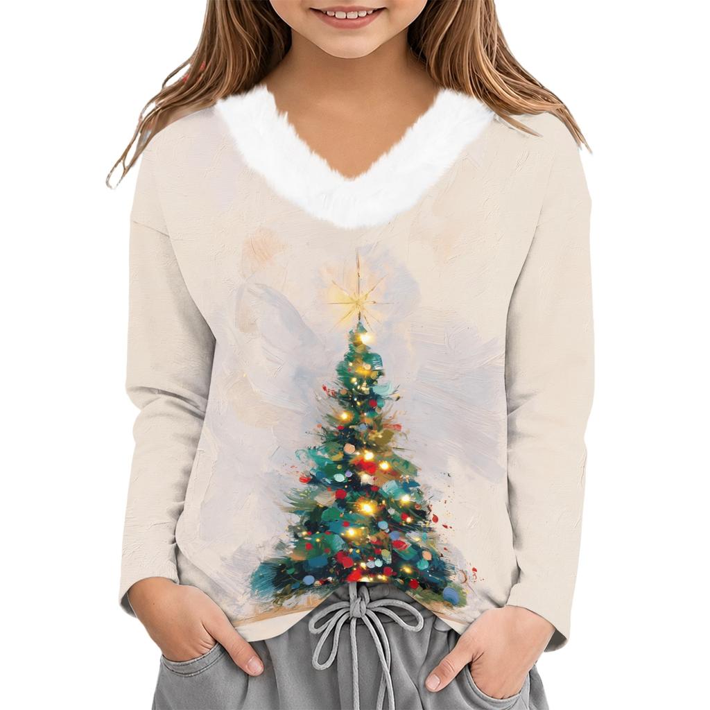 Girls V-Neck Christmas Print Top for Winter