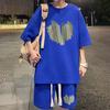 2Pcs/Set Men Summer Outfit Round Neck Short Sleeve Tops Wide Leg Shorts Set Heart Pattern Loose Fit Tracksuit