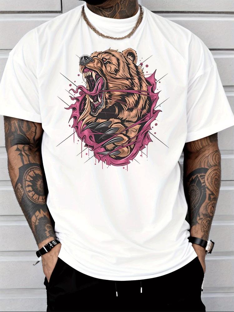 Unisex Summer Cotton Short Sleeve T Shirt Fierce Grizzly Bear Rip Hole Print Crew Neck Casual Wild Animal Street Fashion Male Tee