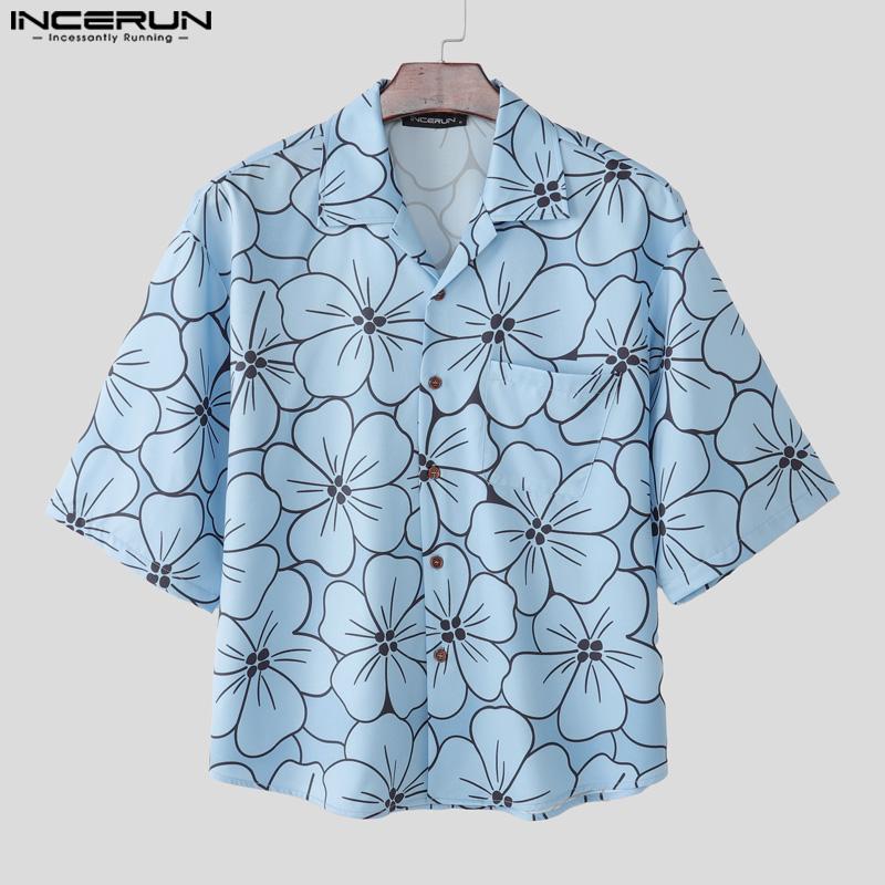INCERUN Oversized Men Lapel Neck Half Sleeve Floral Print Casual Shirts