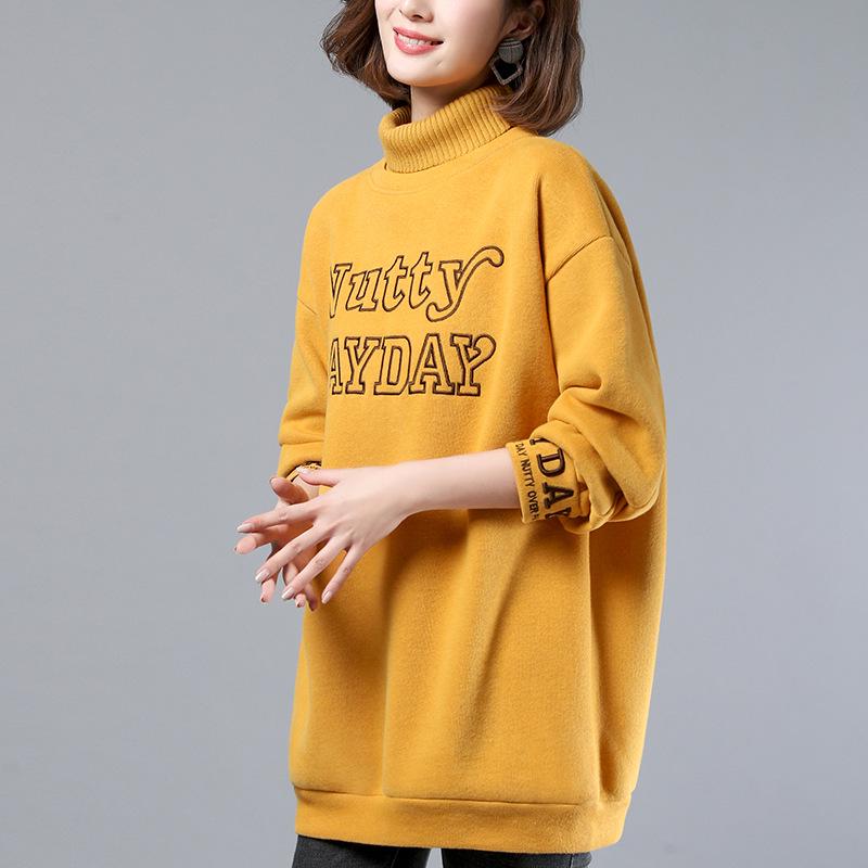 

Женский свитер средней длины с высоким воротником и плюшевой подкладкой, 2024 - Стильный осенне-зимний топ, закрывающий бедра, для мам среднего возраста XL (suggested 67.5-77.5 kg) жёлтый