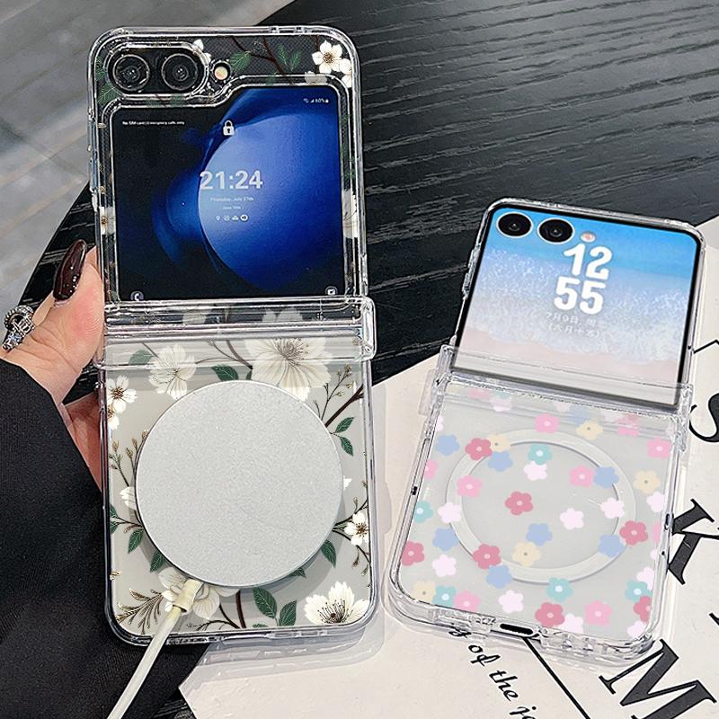 With Hinge Magnetic Phone Case For Samsung Z Flip 8 7 FE 6 5 4 White Flowers Print Hard Folding Phone Cover For Galaxy Z Flip8 Flip7 Flip6